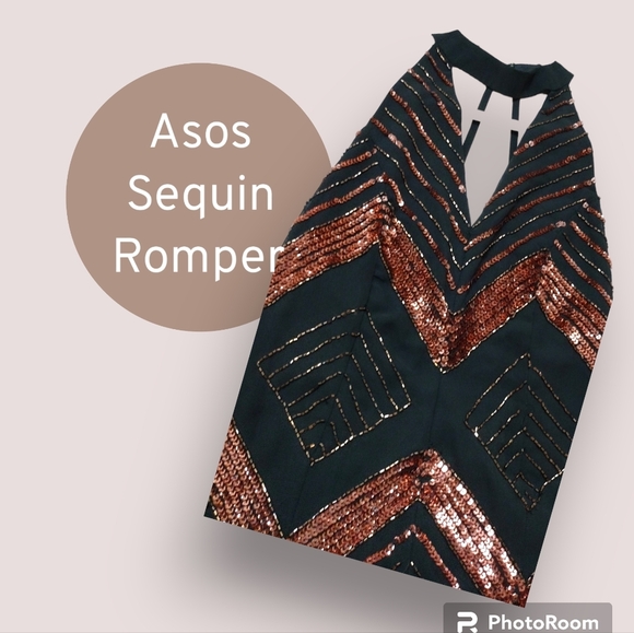 ❤️ASOS Green & Bronze Sequin Romper Sz 4 - Picture 6 of 8